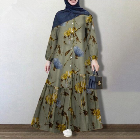Muslim Women Long Dress Buttons Print Floral Big Hem Long Sleeve Dubai Mid East Turkey Robe Vestidos Abayas Hijab Caftan Summer