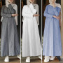 Arabic Abaya Kaftan Islamic Ramada Prayer Women Gown Dubai Turkey Striped Casual Retro Fashion Linen Robe Dress Muslim Clothing