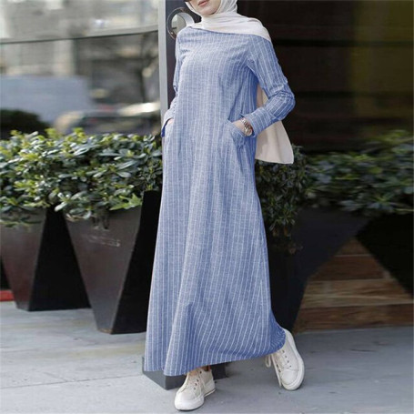 Arabic Abaya Kaftan Islamic Ramada Prayer Women Gown Dubai Turkey Striped Casual Retro Fashion Linen Robe Dress Muslim Clothing