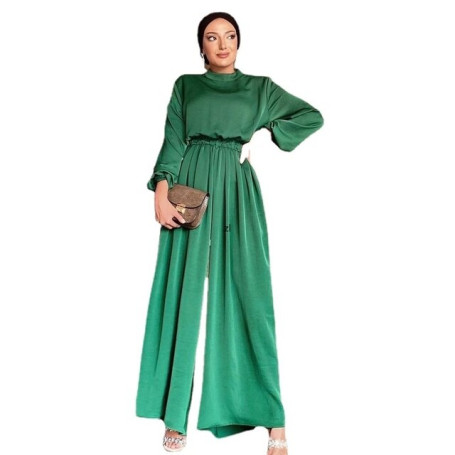 Women 2pcs Sets Matching Satin Elegant Plain Tops Long Wide Leg Pants Suit Muslim Dubai Islamic Modest Abaya Ramadan Outfits
