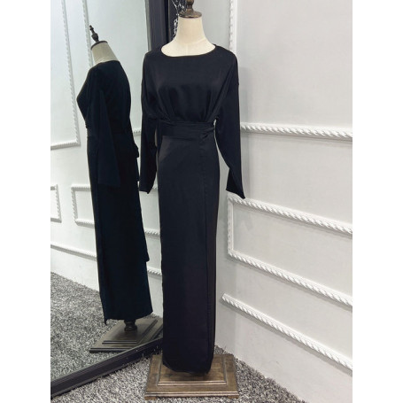 Eid Satin Abaya Wrap Waist Dress Under Robe Women Stylish Muslim Hijab Robe African Long Dress Dubai Turkey Modest Abayas