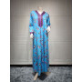 Elegant Ethnic Print Maxi Dress for Women Autumn New Muslim Jalabiya Dubai Moroccan Caftan Middle Eastern Clothes