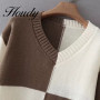 New Style Women's Camel White Contrast Color Long-Sleeved Sweater Casual Slim Office Warm Autumn And Winter Women's Clothing