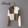 New Style Women's Camel White Contrast Color Long-Sleeved Sweater Casual Slim Office Warm Autumn And Winter Women's Clothing