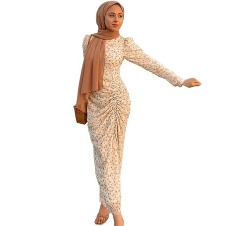 Women Muslim Floral Print Long Sleeve Maxi Dress Slim Fit Irregular Ruched Ramadan Eid Abaya Dubai Islamic Robe Kaftan