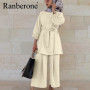 Ranberone Muslim Women Arab Suit Fashion Long Sleeve Tops Wide Leg Pants Islamic Two Piece Set Outfits Female Blouses Women Sets