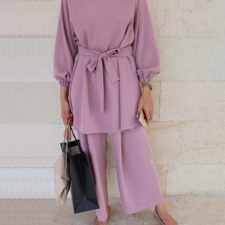 Ranberone Muslim Women Arab Suit Fashion Long Sleeve Tops Wide Leg Pants Islamic Two Piece Set Outfits Female Blouses Women Sets
