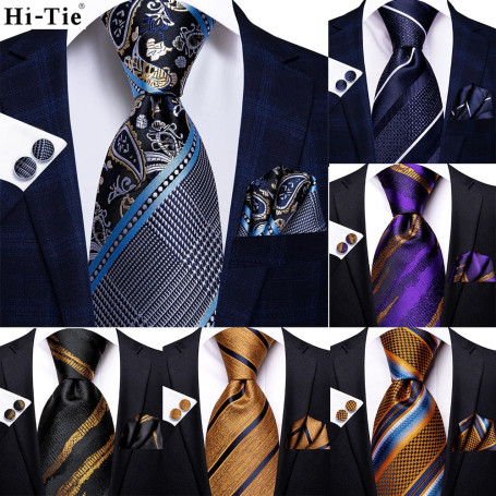 Hi-Tie Navy Blue Striped Silk Fashion Design Gift Men Necktie Hanky Cufflink Set