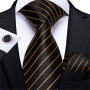 Gold Black Striped Silk Neck Ties For Men Hanky Cufflinks Set Business Party Gravatas
