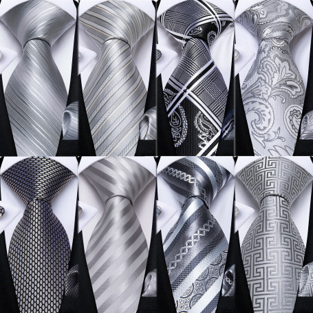 Gray Striped Paisley Silk Wedding Accessories Men's 8cm Neck Tie Pocket Square Cufflinks Gift