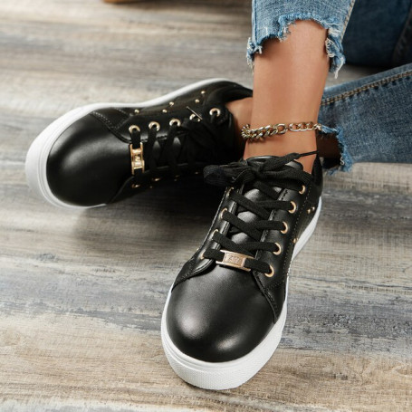 Leather Women's Sneakers Fashion Rivets Lace-up PlatformbMetal Decorative Casual Vulcanized Shoes