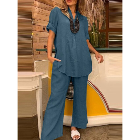 Chic and Elegant Woman Pants Set Short Sleeve V Neck Tops Wide Leg Pants Suit Summer New Oversized 2 Piece Sets Womens Outfits