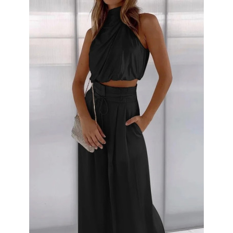 Drauuing Beige Two Piece Pants Sets Women Outfit Silk Pleated Texture Sleeveless Top Wide Leg Pants Set Summer Matching Sets