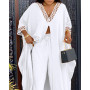 Contrast Lace High Slit Longline Top & Pants Set Women Solid Color Spring Summer Clothing Suit Blouse Tops High Waist Pants