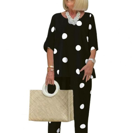 Two Piece Set Women Outfit Women Blouse Pants Dot Print Elastic Waist Summer Bohemian Matching Sets Relaxed Fit for Daily Wear