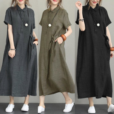 Women Cotton Linen Pocket Dress Korean O-Neck Short Sleeve Loose Solid Midi Dresses AQJ-01