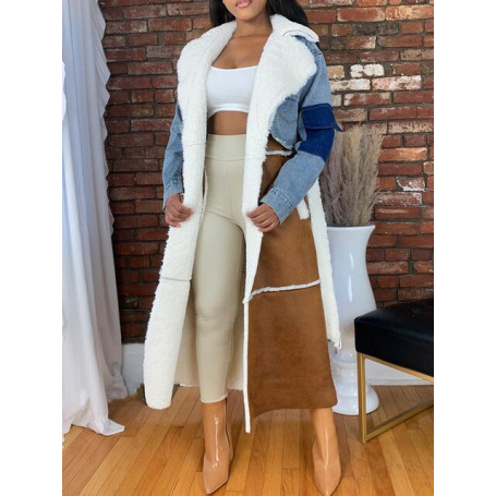 Korean Fashion Patchwork Colorblcok Coat For Women Lapel Collar Long Sleeve Straight Winter Coats Female Clothing