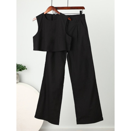 Two Piece Sets Womens Outifits Pure Color Round Neck Tank Top Straight Pants Fashion 2 Piece Sets Womens Outfits