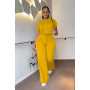 Summer Casual Two Piece Set African Women Fashion Solid Round Neck Lace Up Short Top Wide Leg Pants Two Piece Suit  Women