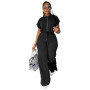 Summer Casual Two Piece Set African Women Fashion Solid Round Neck Lace Up Short Top Wide Leg Pants Two Piece Suit  Women