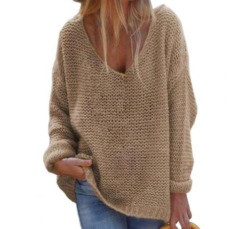 Women's Sweater V-Neck Long Sleeve Knitted Top Loose Fit Female Sweater Casual Minimalistische Knitwear Tops for Autumn Winter