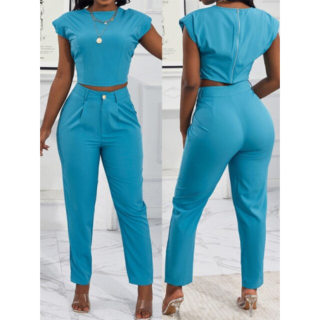 Plain Crop Top & Pocket Design Pants Set