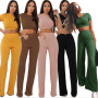 Women knitted long sleeve o-neck crop top wide leg pants 2 piece set for female women tops pants two pieces sets women's suits