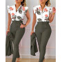 Summer Fashion Print Two Piece Set Women Casual Office ladies Button Flying Sleeve Shirt Pants Two Piece Set Women
