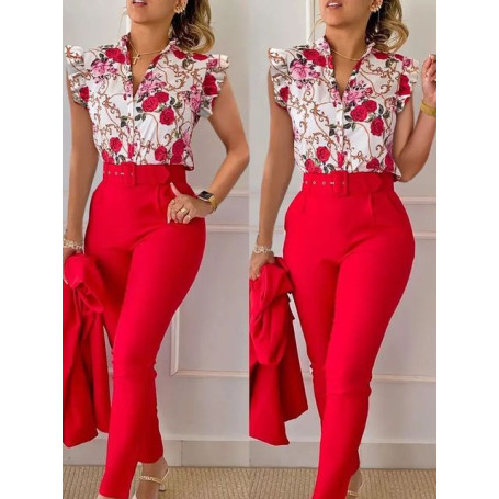 Summer Fashion Print Two Piece Set Women Casual Office ladies Button Flying Sleeve Shirt Pants Two Piece Set Women
