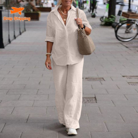 Women's Two-piece Set Women's  Lapel Long Sleeve Shirt Spring and Summer Casual Solid Color Pants Wide Leg Set Pant Sets