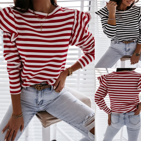 Casual Striped Print Long Sleeve Pullover T-shirts Spring Autumn Turtleneck Loose Tee Shirts MCFS-MC2011