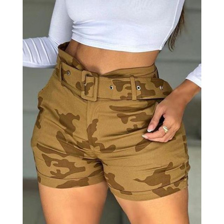 Casual Shorts Women Summer 2023 Fashion Camouflage Print High Waist Shorts With Belt All-Match Streetwear YK2