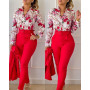 Two Piece Sets Womens Outifits  Spring Fashion Print Turn-Down Collar Long Sleeve Top & Casual Solid Color Long Pants Set
