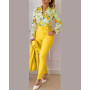Two Piece Sets Womens Outifits  Spring Fashion Print Turn-Down Collar Long Sleeve Top & Casual Solid Color Long Pants Set