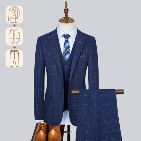 (Jacket Vest Pants) Casual Plaid Suit Men's 3-Piece Set Best Man Groom Wedding Suit Fashion Slim-Fit Host Stage Clothing