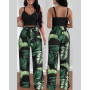 Two Piece Sets Womens Outifits Summer Fashion Printed Suspenders V Neck Sleeveless Crop Top & Casual Wide-Leg Long Pants Set