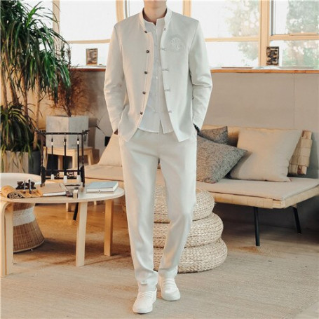 Men's Business Casual Suit 2 Piece Chinese Vintage Style Men Wedding Embroidery Dress Clothing Blazers and Drawstring Pants