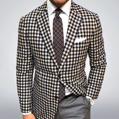 Plaid Casual Business Wear Splicing Single-breasted Suit Jacket Men's British Business Elegant Gentleman Retro Slim Formal Suit