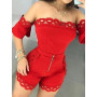 Sexy Off Shoulder Hollow Out Lace Detail Two Pieces Set Short Sleeve Tops & Zipper Fly Shorts Casual 2 Piece Outfits