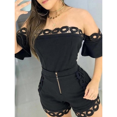 Sexy Off Shoulder Hollow Out Lace Detail Two Pieces Set Short Sleeve Tops & Zipper Fly Shorts Casual 2 Piece Outfits