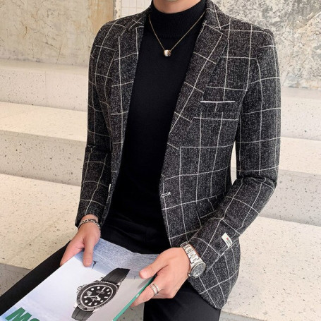 Men Suit Jacket Classic Blue Plaid Pattern Casual Blazers Men Formal Jacket Popular Design Male Suit Coats Business Mens Blazer