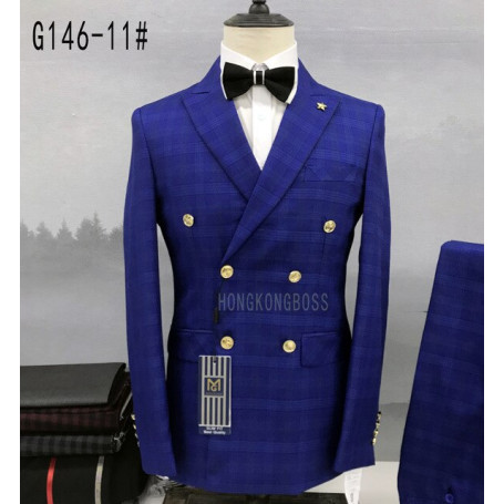 Fashion Plaid Suits for Men Slim Fit Double Breasted Blazer Pants 2 Pieces Set Prom Wedding Grey Men Suit Lattice Printed Tuxedo