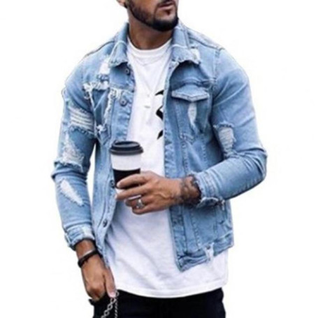 Popular Jeans Coat Long Sleeve Slim Fit Wear-resistant Single Breasted Ripped Denim Jacket