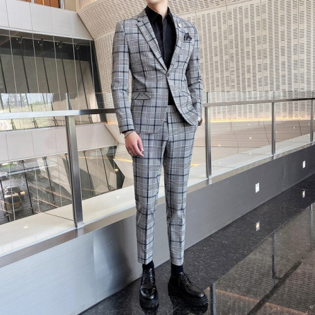 High quality (suit + trousers) elegant British style houndstooth simple business work shopping party dress men's suit two-piece
