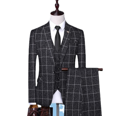 Men Fashion 3 Pieces Suit Spring Autumn Plaid Slim Fit Business Formal Casual Check Suits Office Work Party Prom Wedding Groom