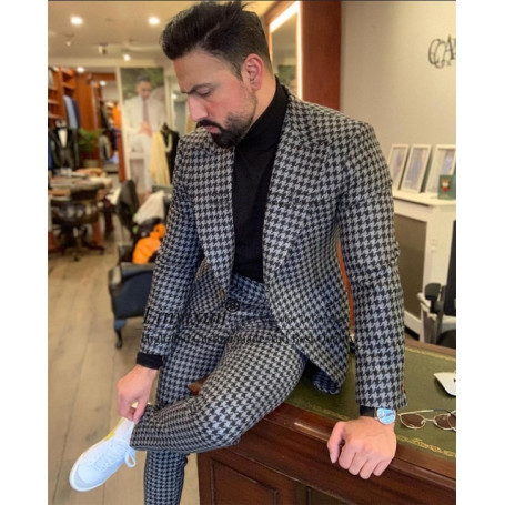 Houndstooth Mens Suit Casual Business Slim Fit Blazer Male Winter Prom Groom Wear Tuxedo 2 Piece Set Terno Masculino Jacket+Pant