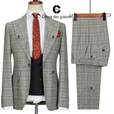 Cenne Des Graoom Classic Glen Plaid 3 Piece Vintage Men Suits Blazer Black Vest Pants Tailor-Made For Daily Meeting Wedding