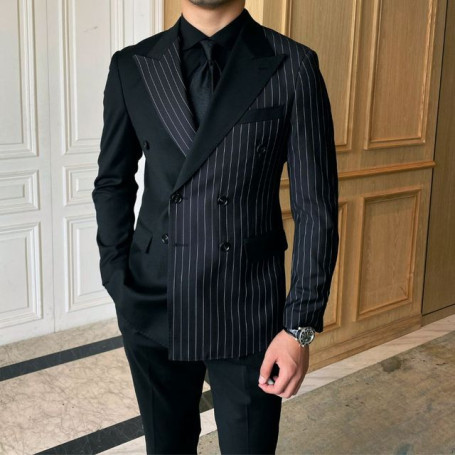 Black Striped Mens Suits For Wedding Custom Made Double Breasted For Man Costume Groom 2-Pieces Tuxedos Best Man Blazer Pants