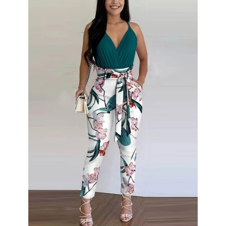 Women's Fashion Two Piece Set Casual Wear Suits Set Two Piece Outfit Spaghetti Strap Top & FloralPrint High Waist Pants Set
