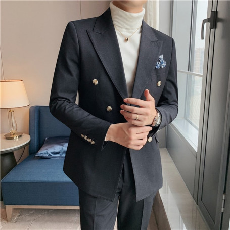 High Quality Blazer Men's British Style Double Breasted Elegant Business Advanced Simple Wedding Gentleman Slim Suit Two Piece
